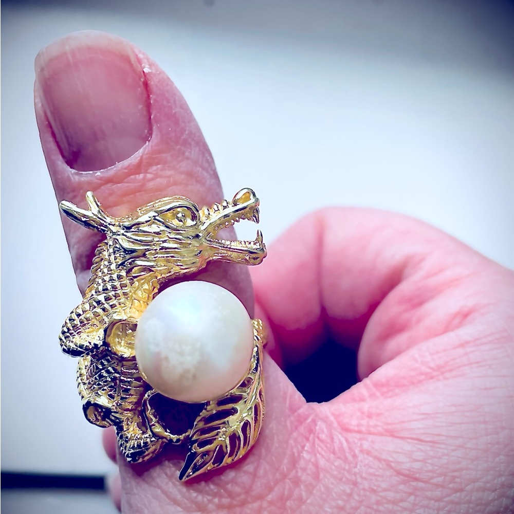 Stylish Statement Piece Dragon Pearl Ring - image 1